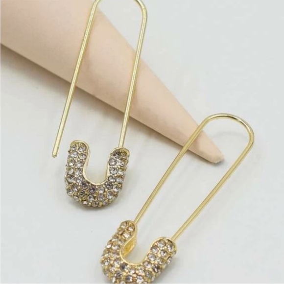Gold Tone Rhinestone Safety Pin Earrings - Picture 3 of 3